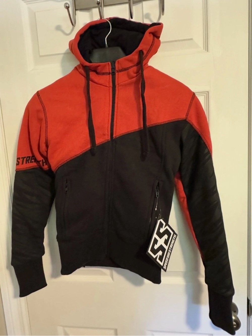 Men's Two-Tone Red and Black Zip-Up Hooded Bomber Jacket